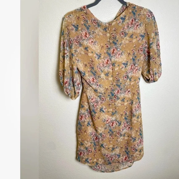 Sabo Keisha Floral Mini Dress Beige Peep Front Puff Sleeve Party SIZE XXS - Picture 2 of 10